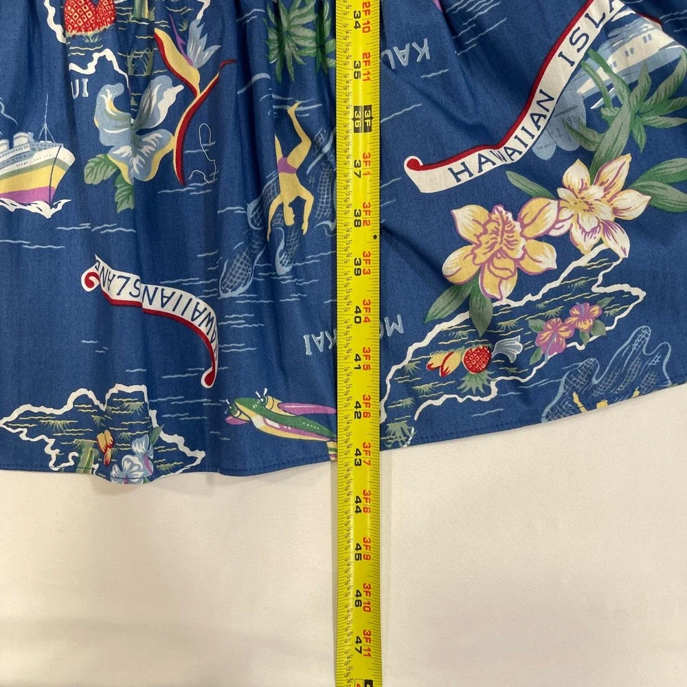 Hilo Hattie Hawaiian Islands Map Dress‎ Womens Medium Blue Ruffle Hem | Tropical